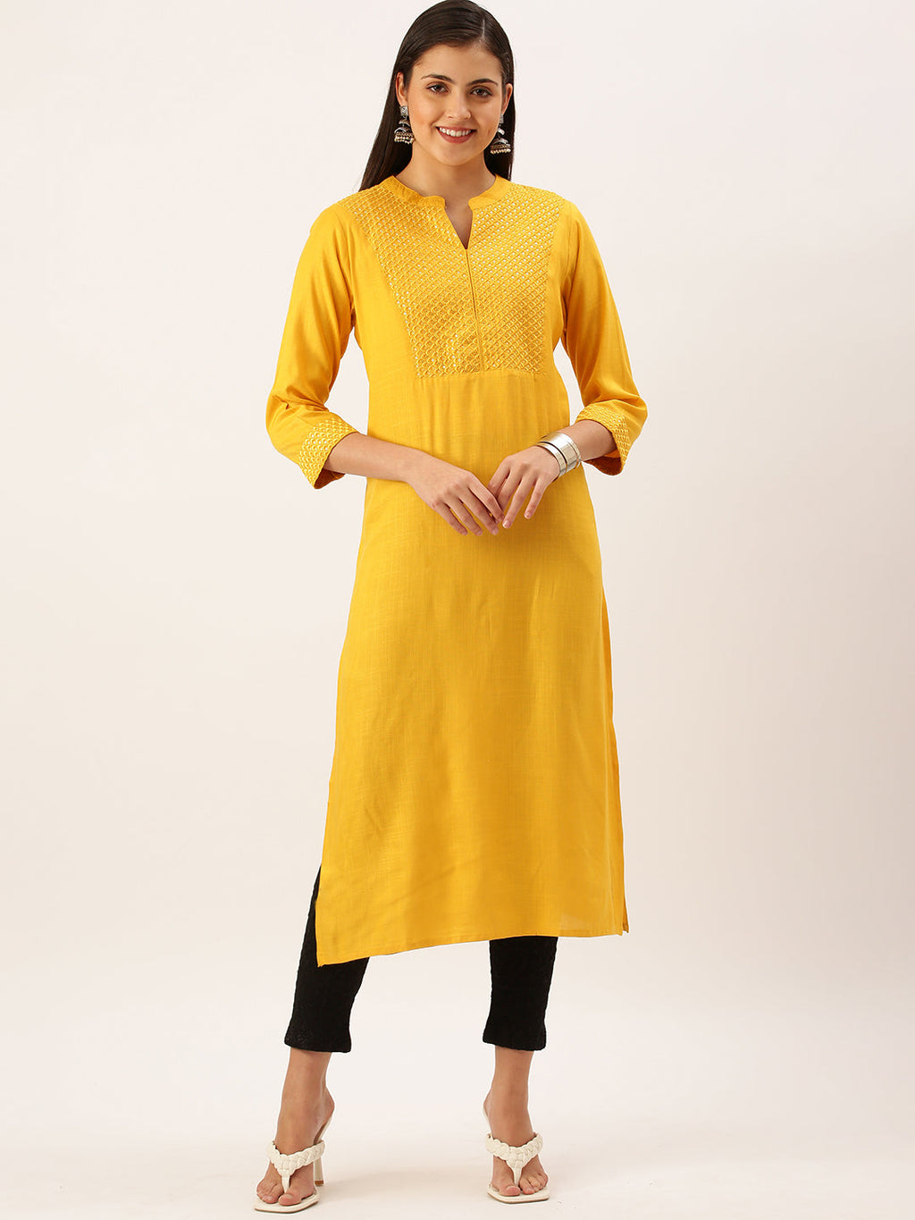Women's Mustard Thread Work Anarkali Kurta