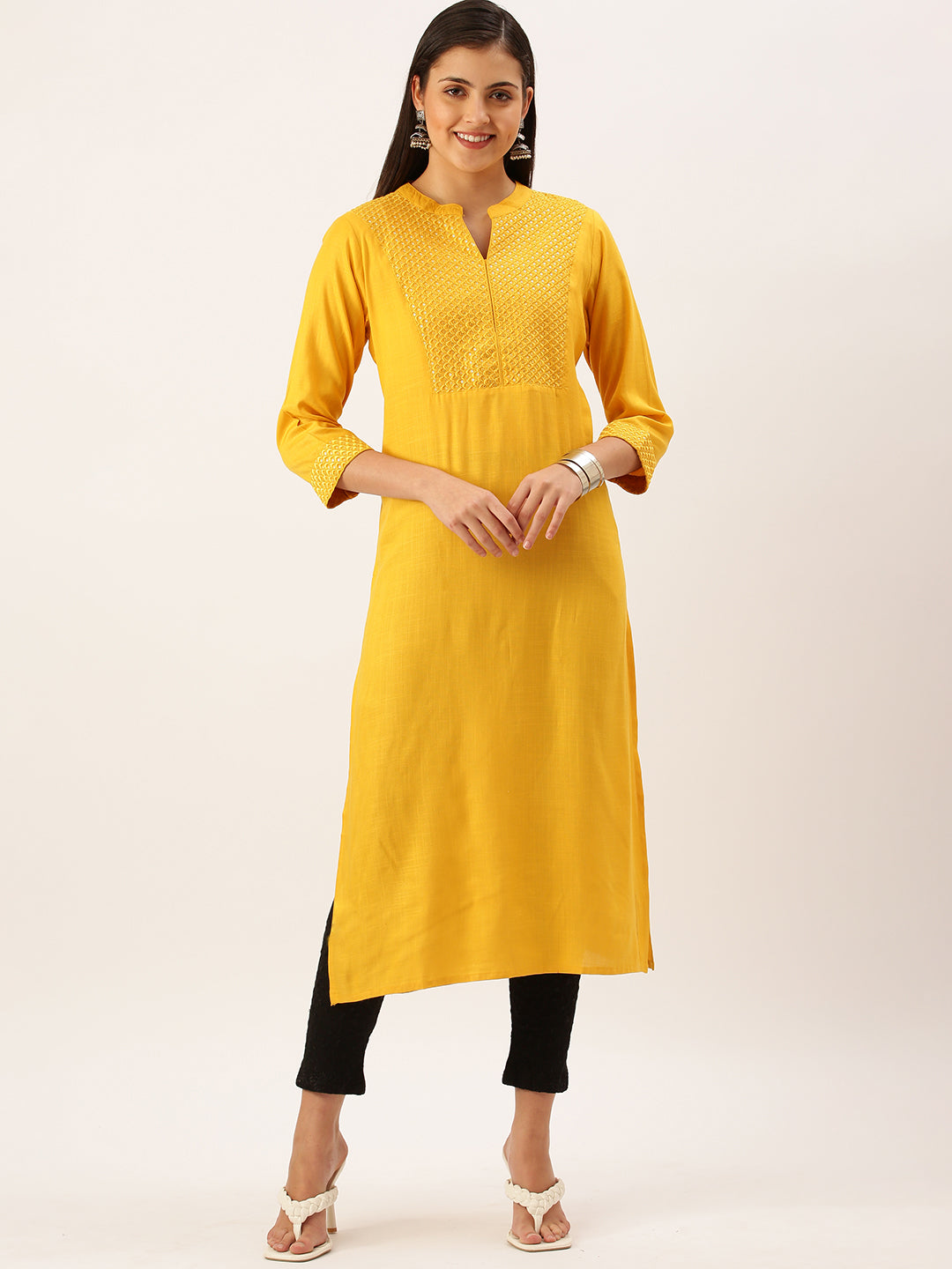 Women's Mustard Thread Work Anarkali Kurta