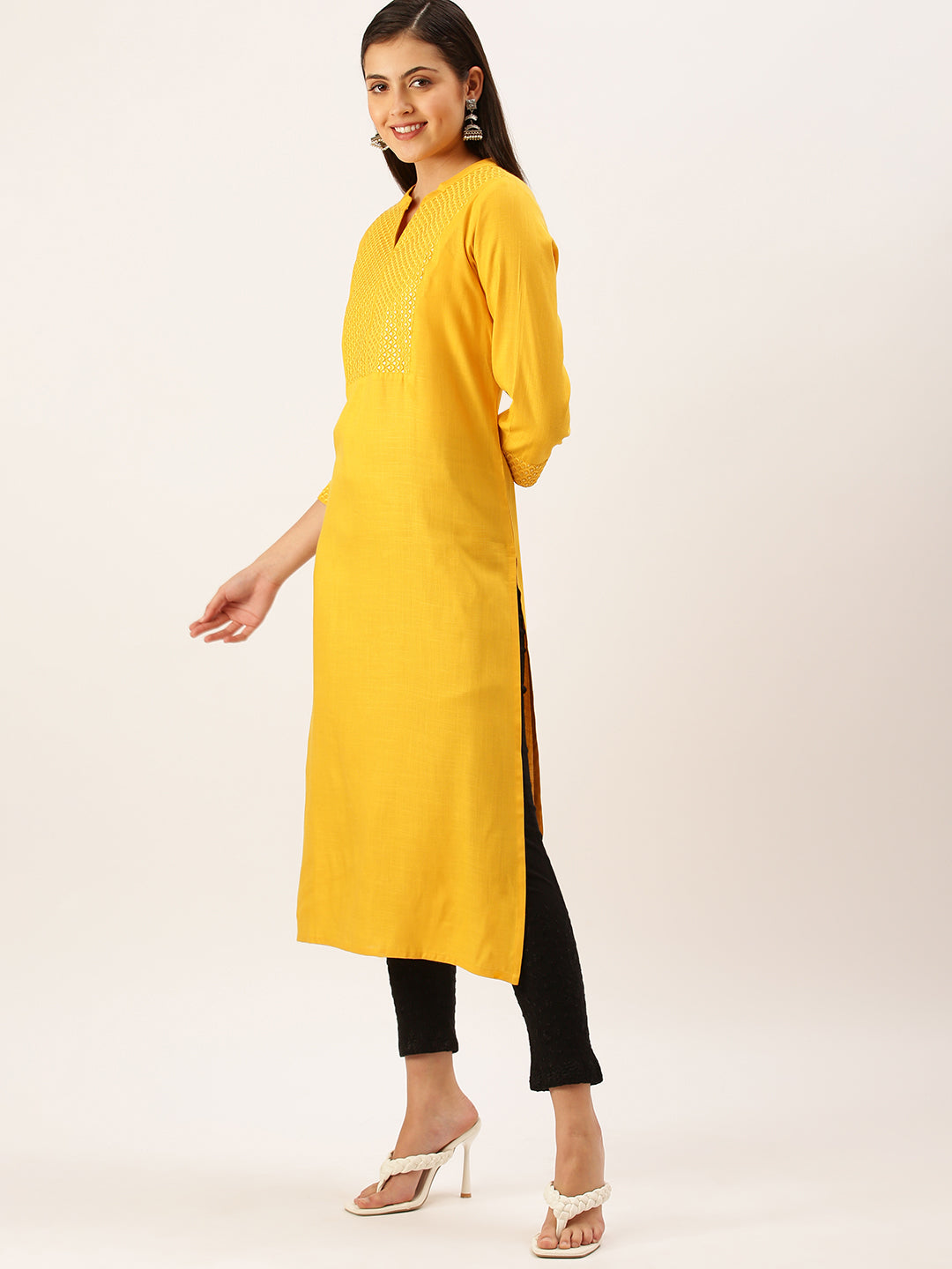 Women's Mustard Thread Work Anarkali Kurta