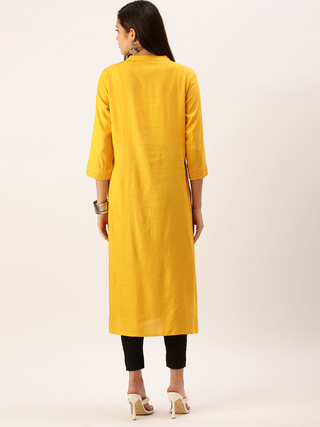 Women's Mustard Thread Work Anarkali Kurta