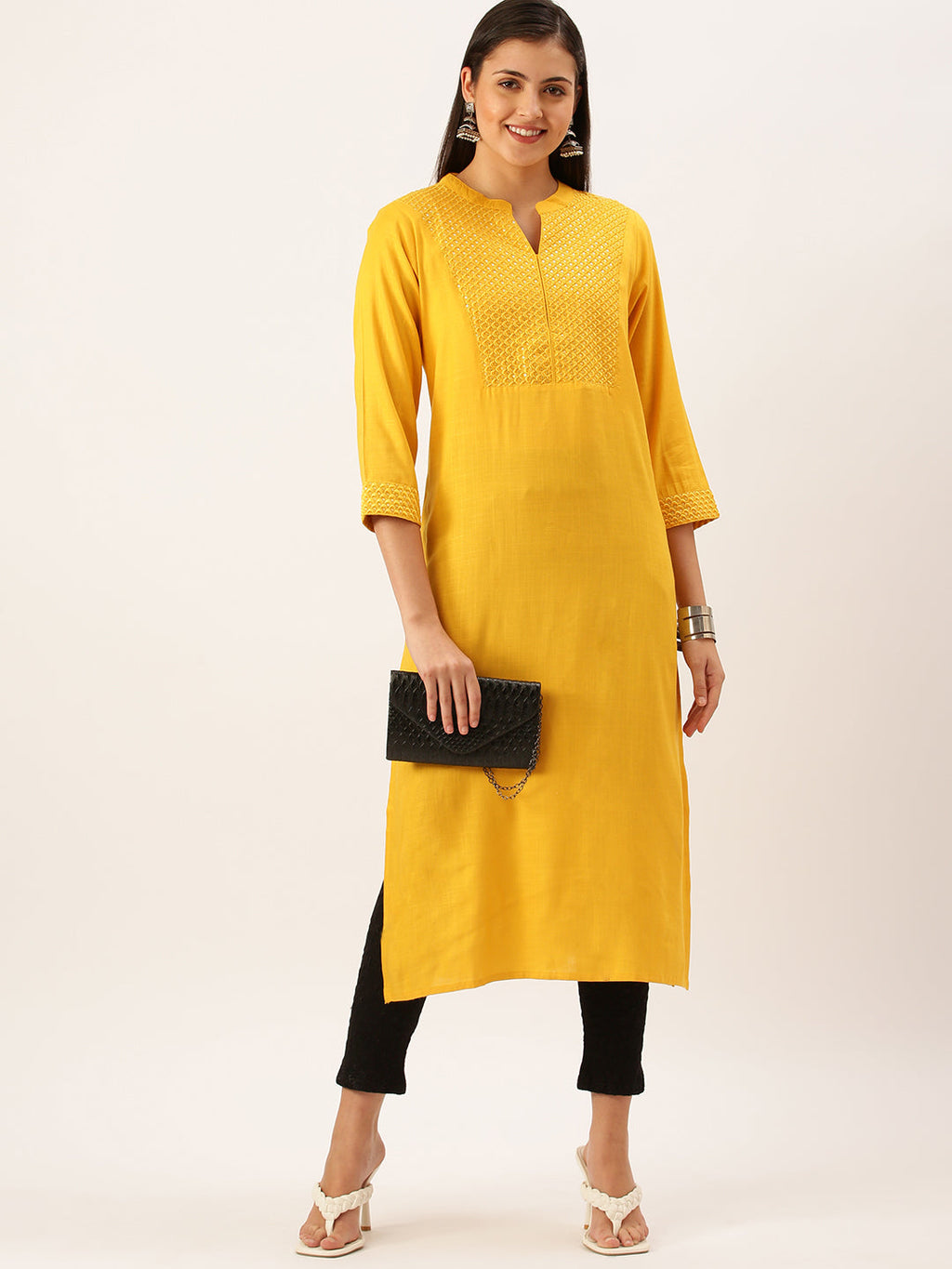 Women's Mustard Thread Work Anarkali Kurta