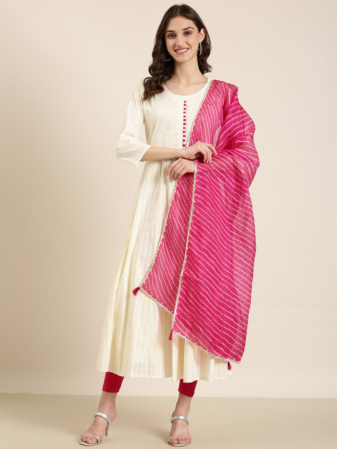 Women's Cream Floral Printed Beads Detail Anarkali Kurta