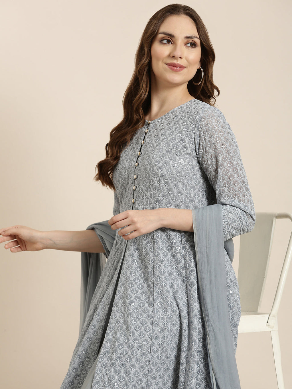 Women's Anarkali Grey Embellished Kurta Sets with Dupatta & Detachable Inner Lining