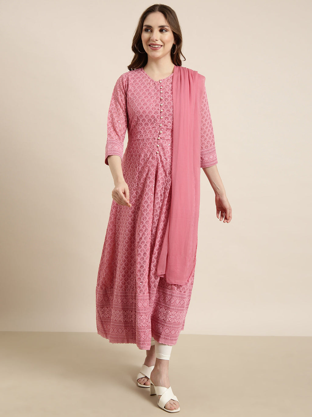 Women's Anarkali Pink Embellished Kurta Sets with Dupatta & Inner Lining
