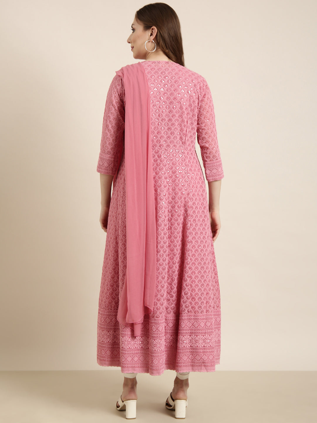 Women's Anarkali Pink Embellished Kurta Sets with Dupatta & Inner Lining
