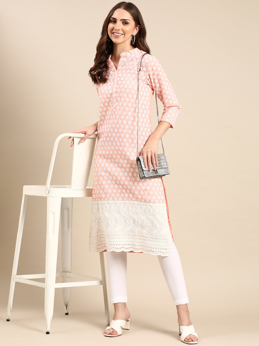 Women's Peach Floral Embroidered Pastels Straight Kurta