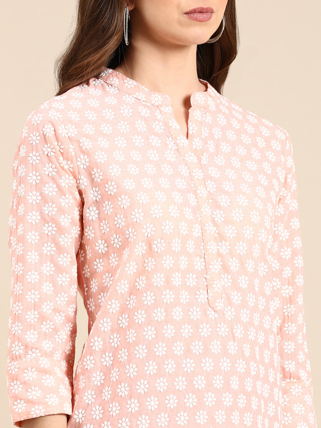 Women's Peach Floral Embroidered Pastels Straight Kurta