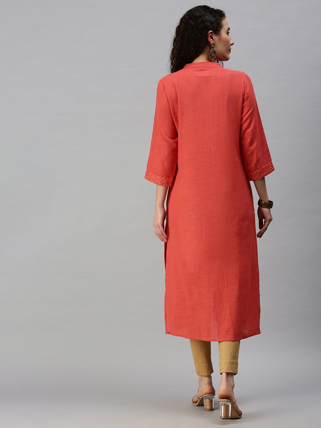 Women's Mandarin Collar Yoke Design Orange Straight Kurta