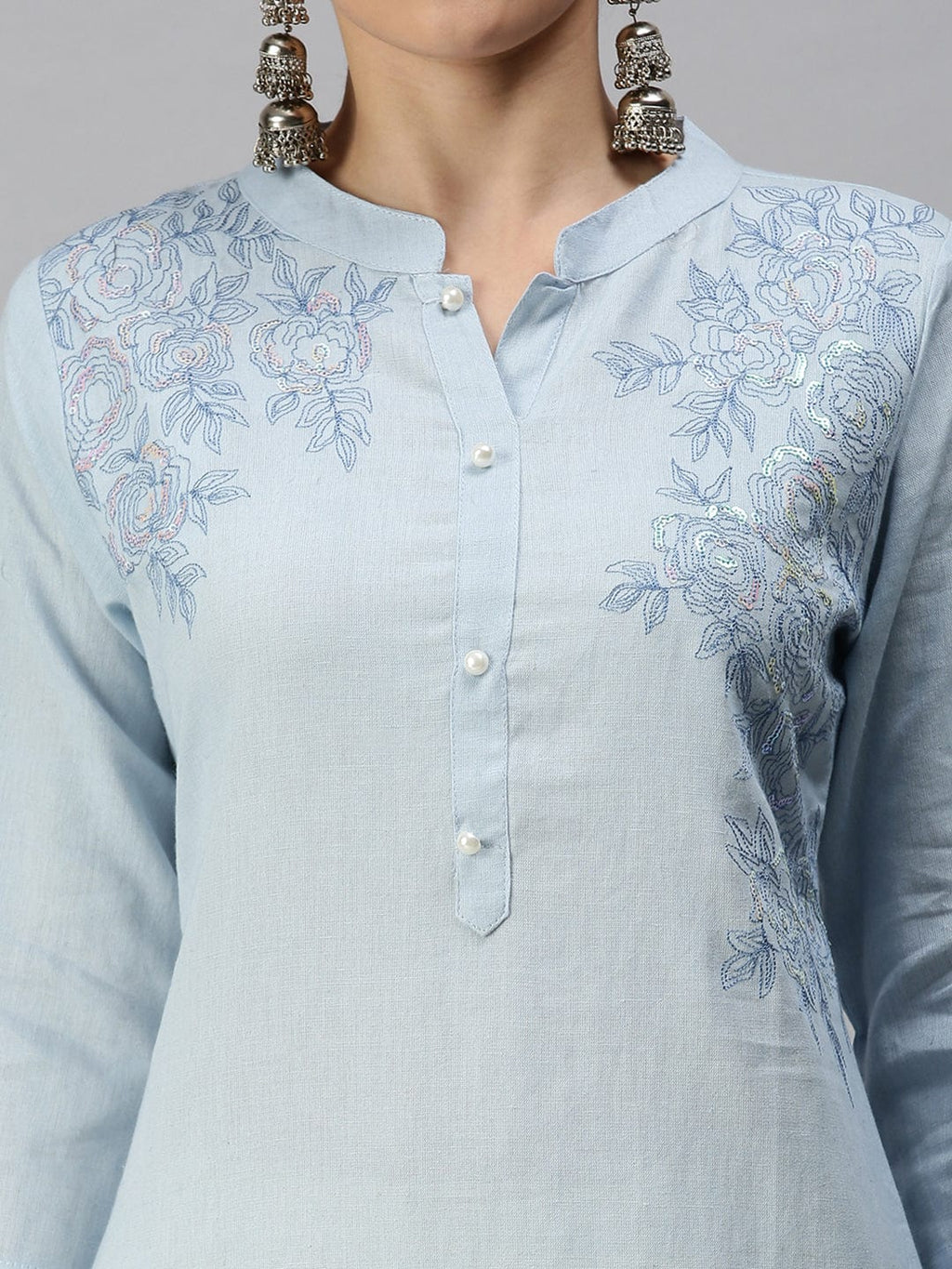Women's Mandarin Collar Solid Blue Straight Kurta