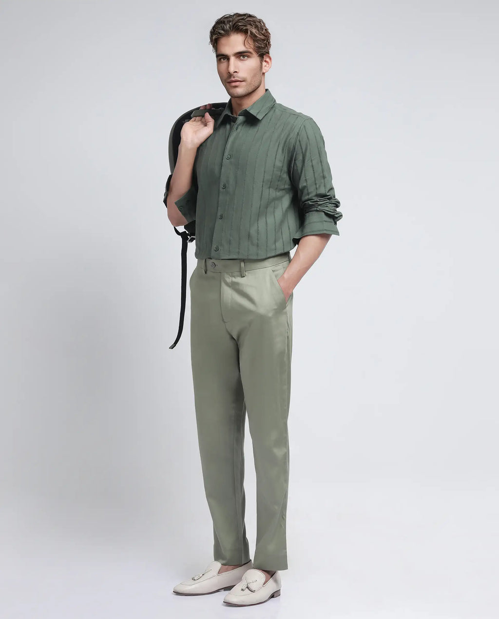 Rare Rabbit Men's Ugo Dusky Green Cotton Blend Plain Regular Fit Trouser