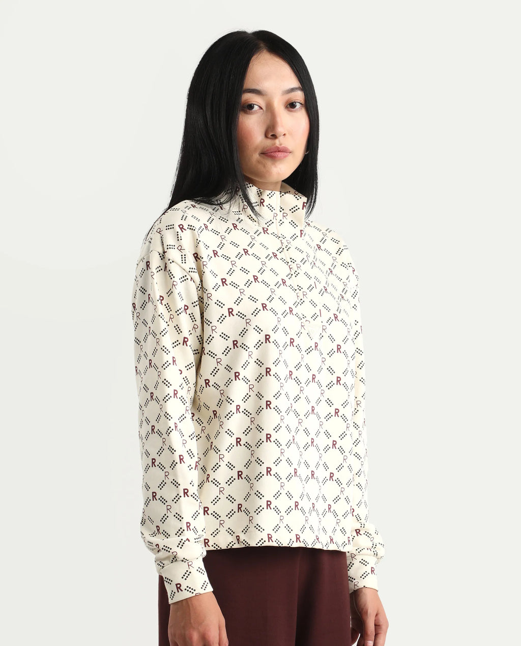 Rareism Women's Vecna Beige Polyester Blend Spread Collar Monogram Print Relaxed Fit Sweatshirt