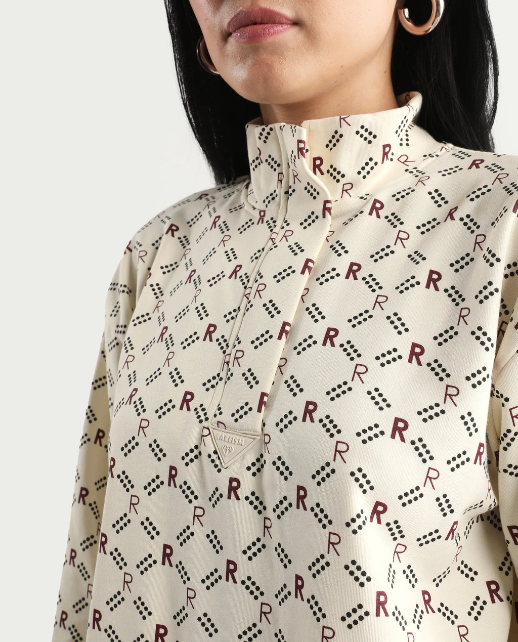 Rareism Women's Vecna Beige Polyester Blend Spread Collar Monogram Print Relaxed Fit Sweatshirt