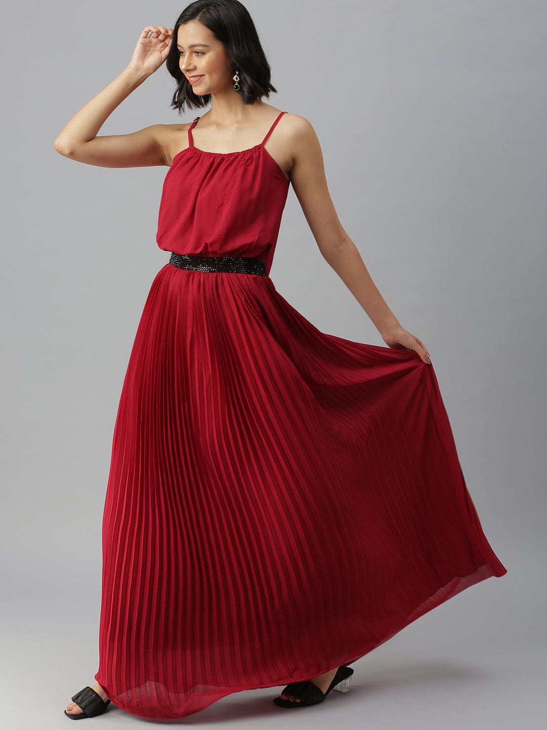 Women's Shoulder Straps Embellished Maxi Maroon Dress