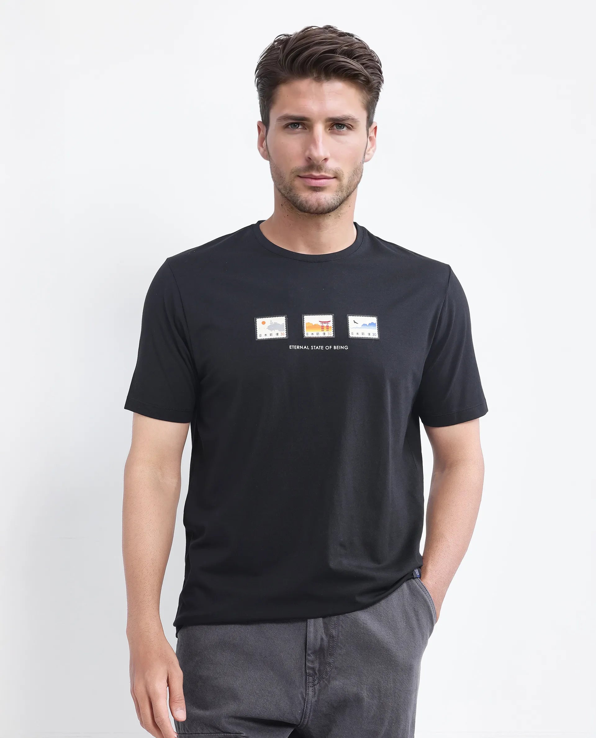 Rare Rabbit Men's Vob Black Cotton Blend Label Print Regular Fit Half Sleeve Crew Neck T-Shirt