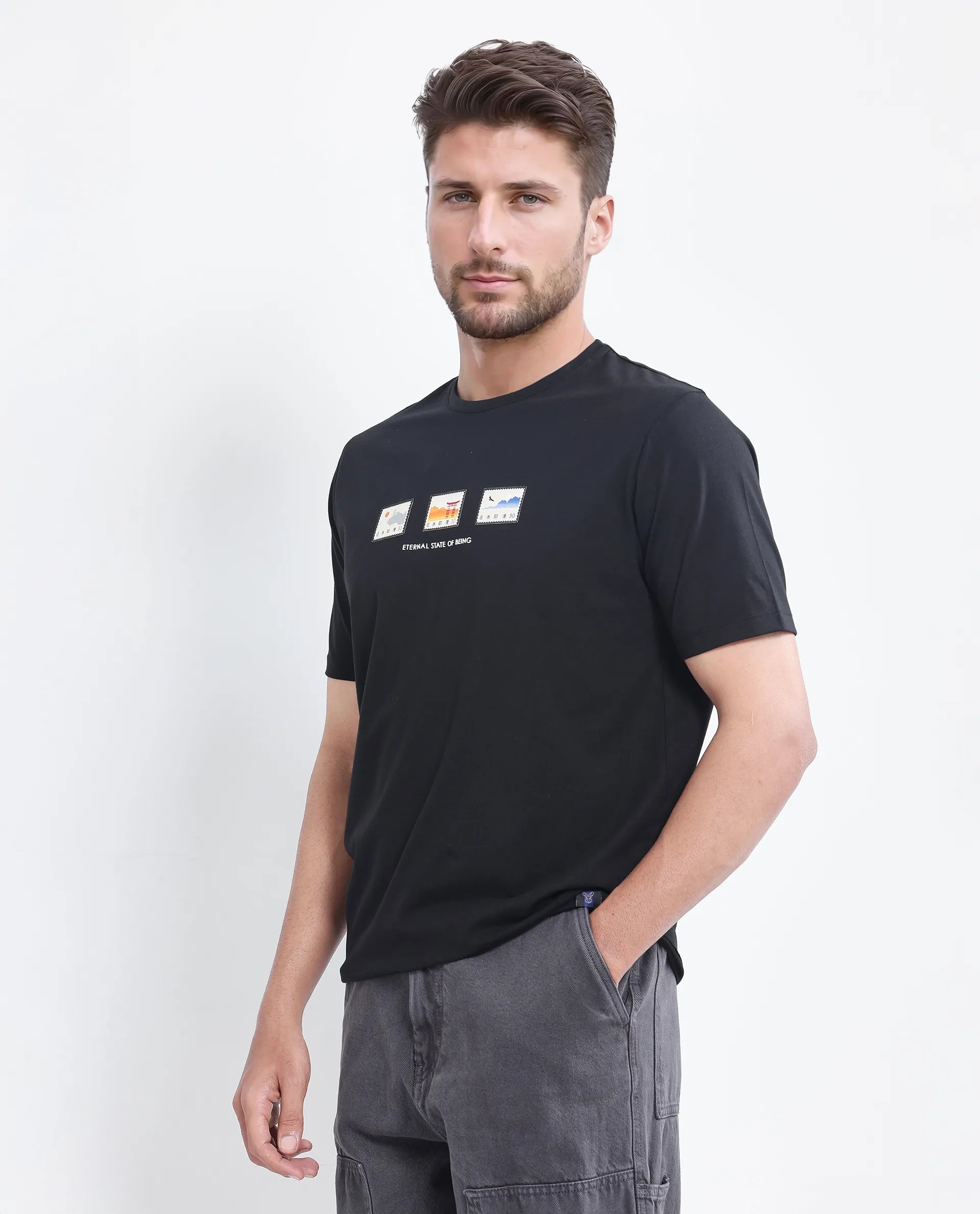 Rare Rabbit Men's Vob Black Cotton Blend Label Print Regular Fit Half Sleeve Crew Neck T-Shirt