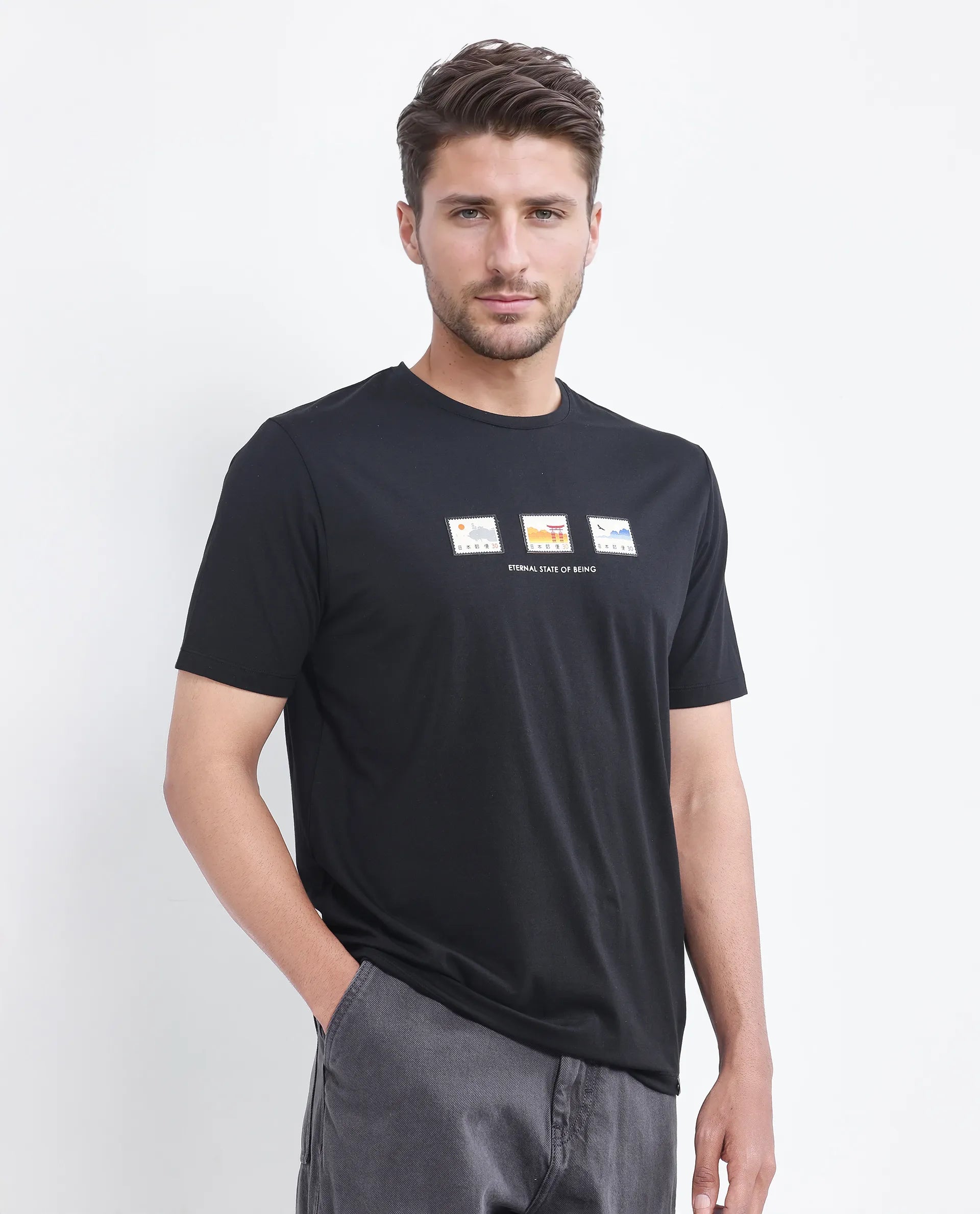 Rare Rabbit Men's Vob Black Cotton Blend Label Print Regular Fit Half Sleeve Crew Neck T-Shirt