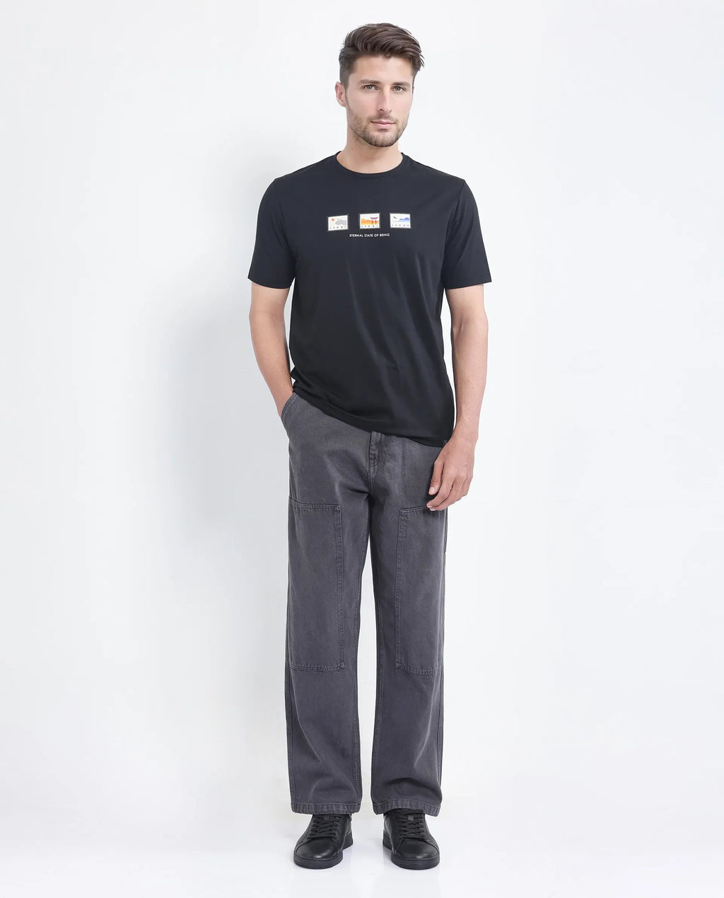 Rare Rabbit Men's Vob Black Cotton Blend Label Print Regular Fit Half Sleeve Crew Neck T-Shirt