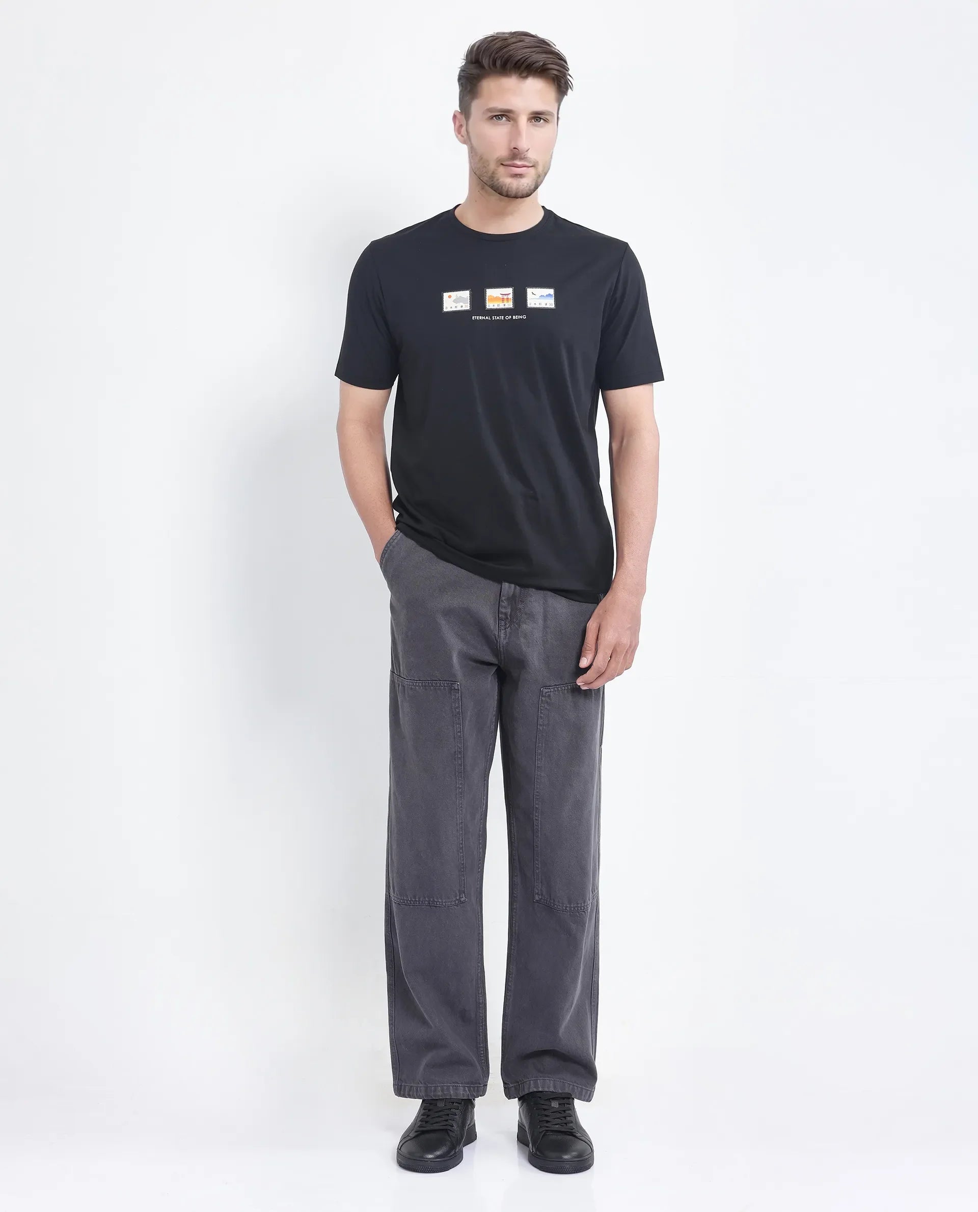 Rare Rabbit Men's Vob Black Cotton Blend Label Print Regular Fit Half Sleeve Crew Neck T-Shirt