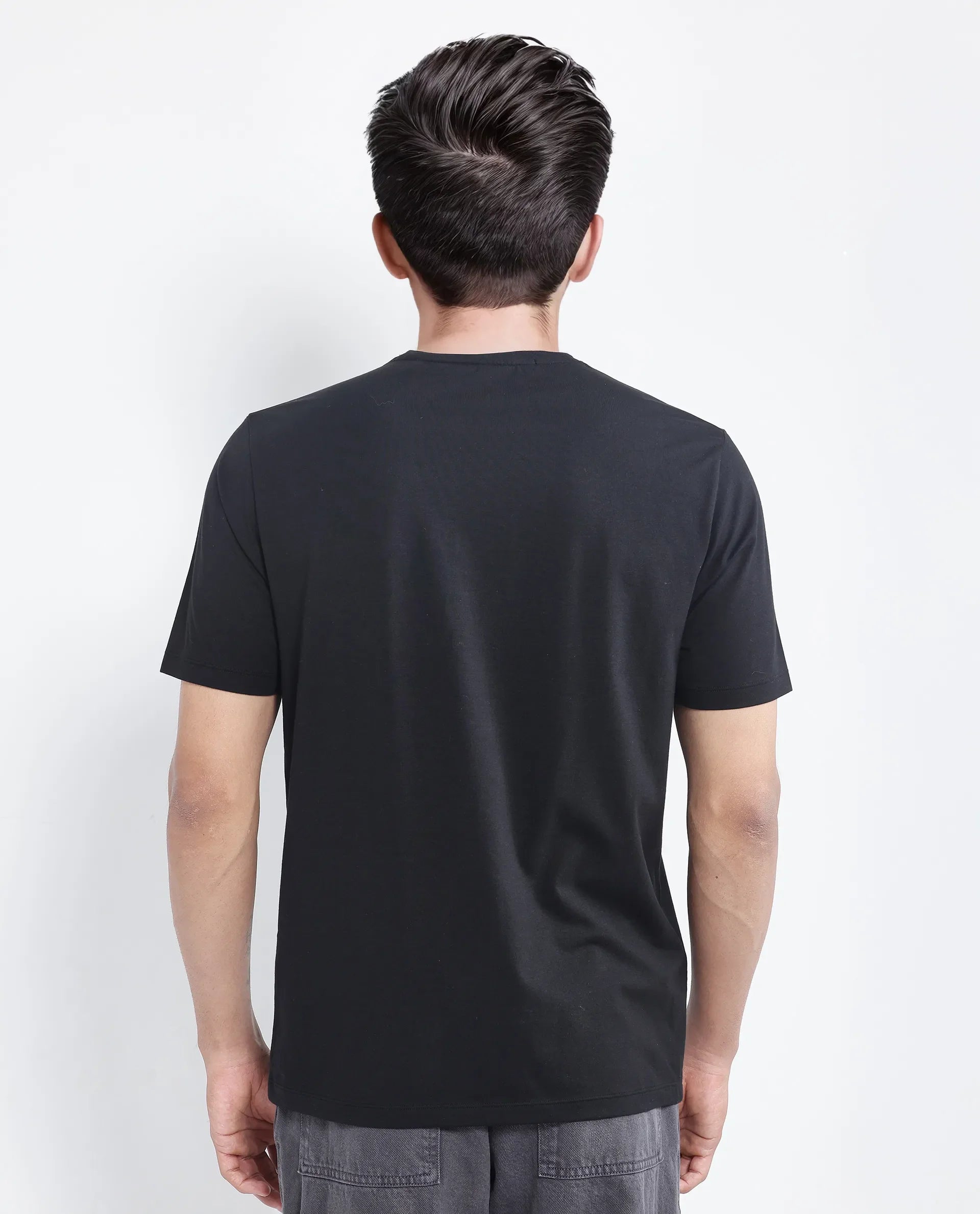 Rare Rabbit Men's Vob Black Cotton Blend Label Print Regular Fit Half Sleeve Crew Neck T-Shirt