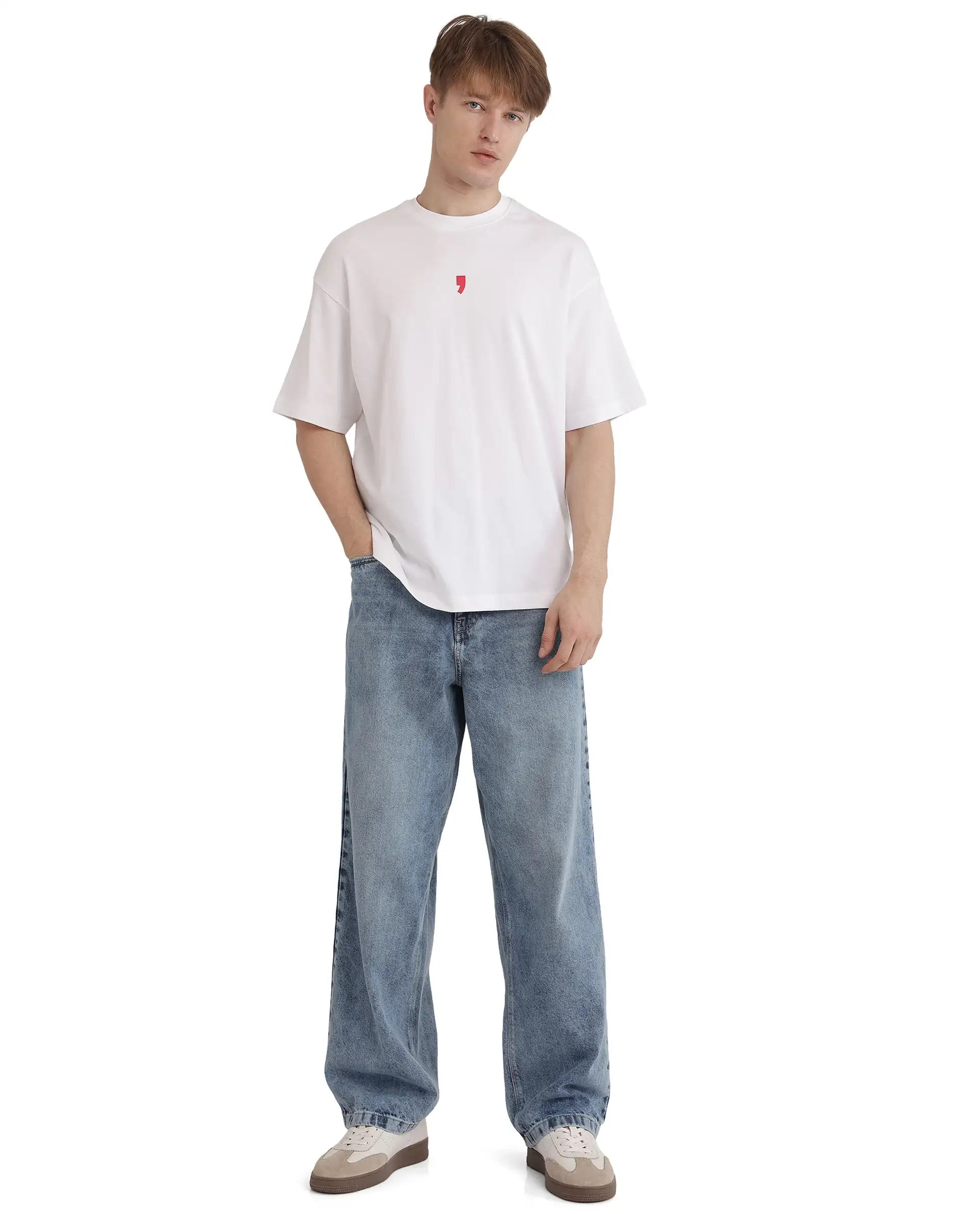 Rare Rabbit Men's Voy White Cotton Graphic Print Oversized Fit Half Sleeve Crew Neck T-Shirt