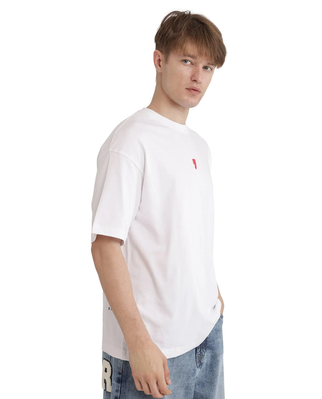 Rare Rabbit Men's Voy White Cotton Graphic Print Oversized Fit Half Sleeve Crew Neck T-Shirt