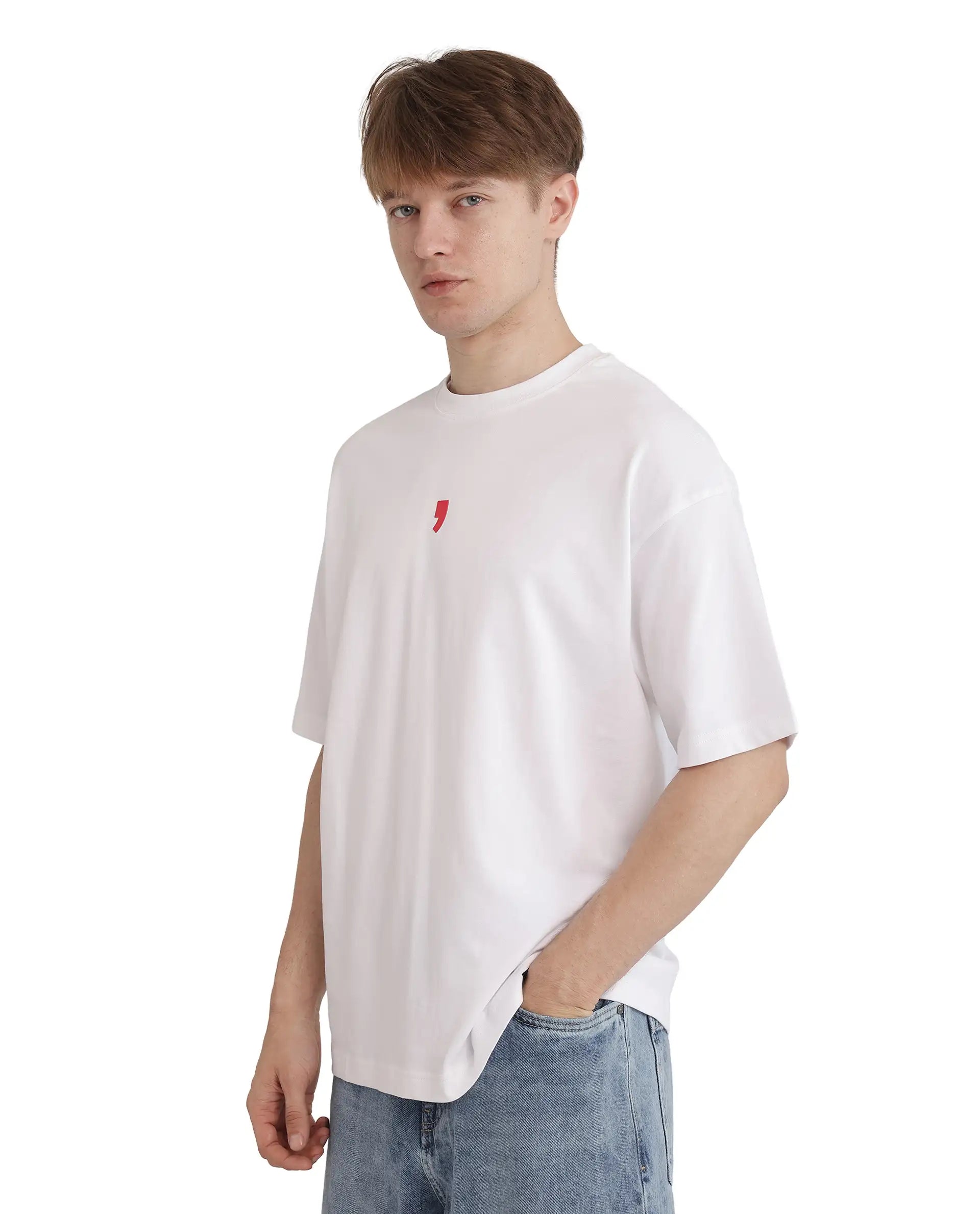 Rare Rabbit Men's Voy White Cotton Graphic Print Oversized Fit Half Sleeve Crew Neck T-Shirt