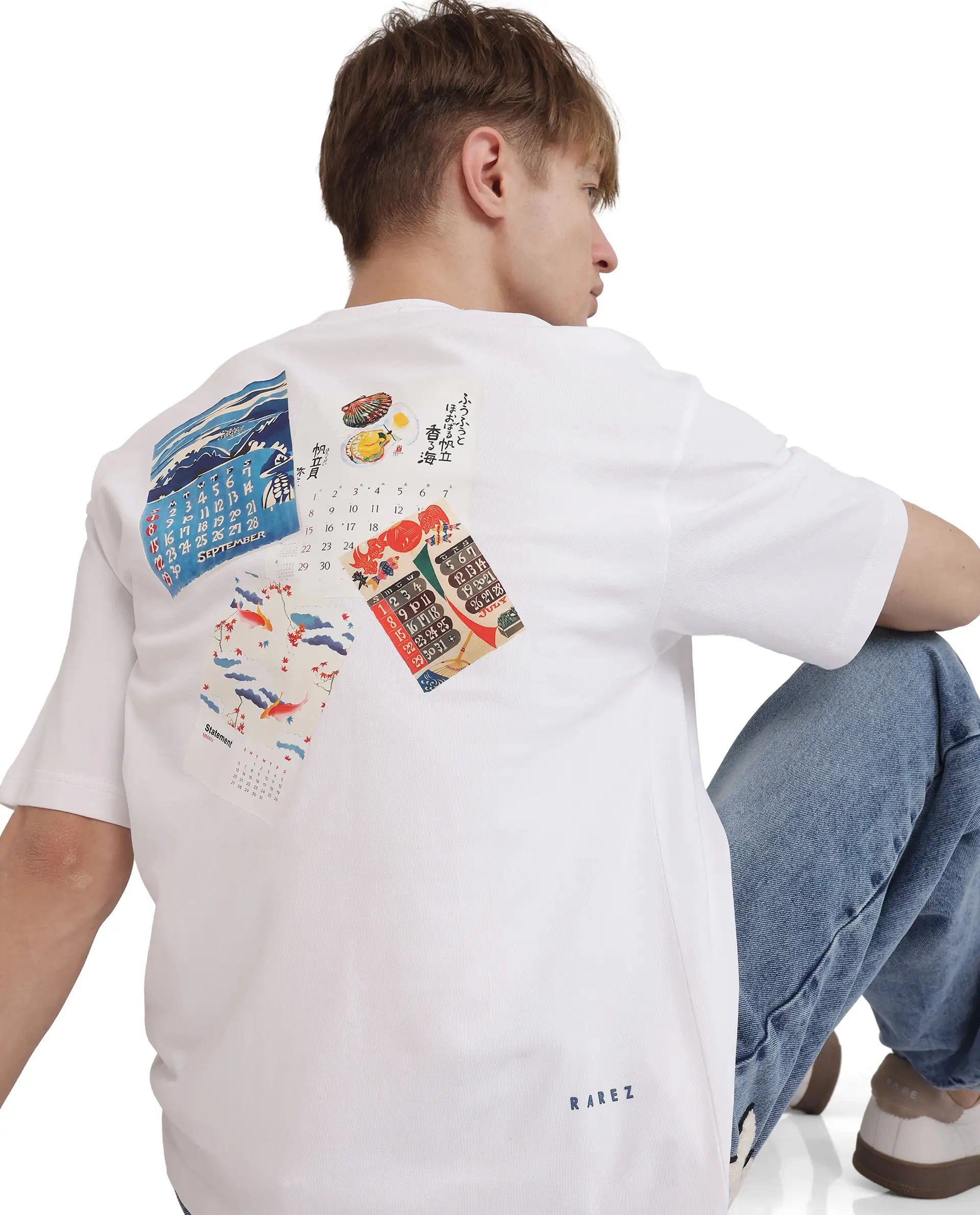 Rare Rabbit Men's Voy White Cotton Graphic Print Oversized Fit Half Sleeve Crew Neck T-Shirt