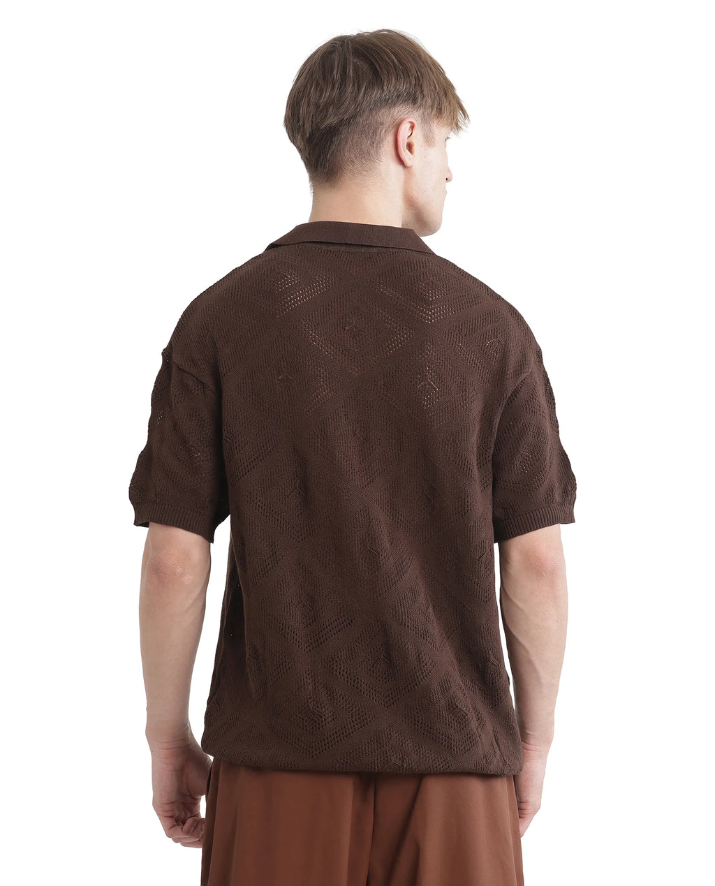 Rare Rabbit Men's Wats Brown Cotton Textured Boxy Fit Half Sleeve Cuban Collar Shirt