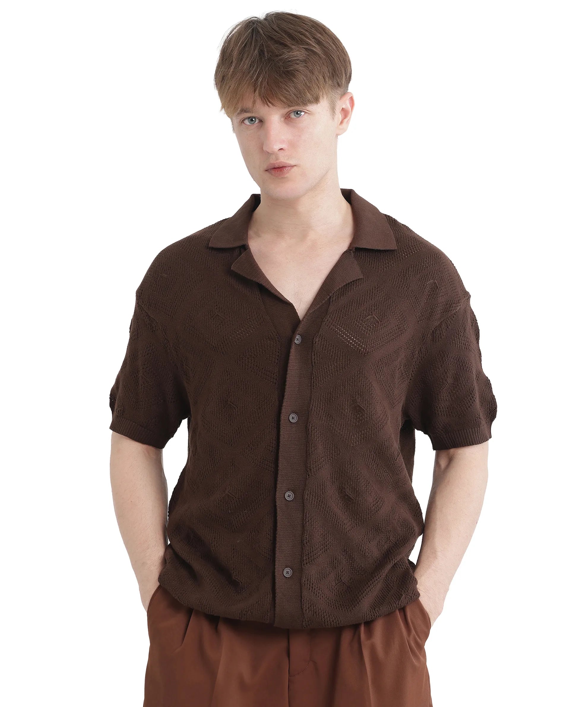 Rare Rabbit Men's Wats Brown Cotton Textured Boxy Fit Half Sleeve Cuban Collar Shirt