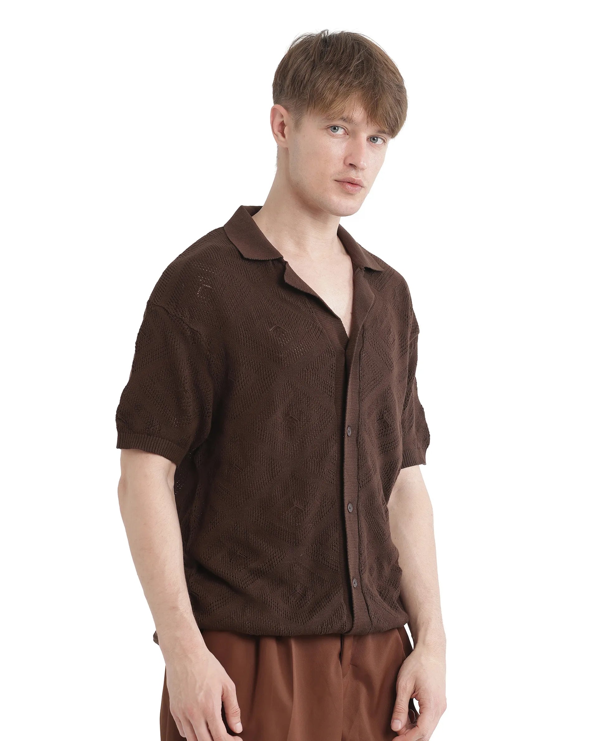 Rare Rabbit Men's Wats Brown Cotton Textured Boxy Fit Half Sleeve Cuban Collar Shirt