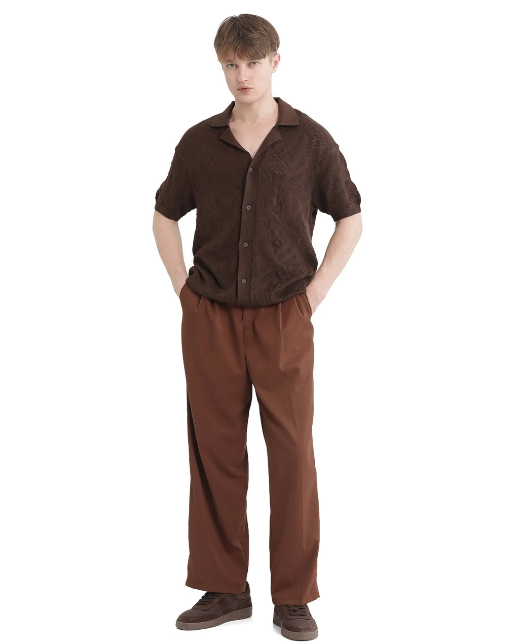 Rare Rabbit Men's Wats Brown Cotton Textured Boxy Fit Half Sleeve Cuban Collar Shirt