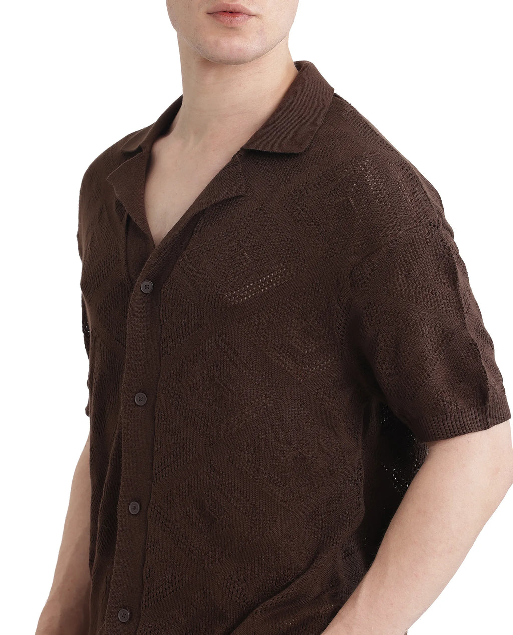 Rare Rabbit Men's Wats Brown Cotton Textured Boxy Fit Half Sleeve Cuban Collar Shirt