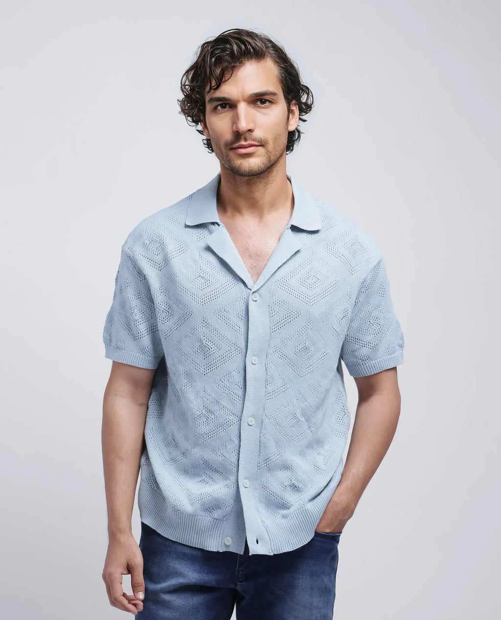 Rare Rabbit Men's Wats Dusky Blue Cotton Knitted Boxy Fit Half Sleeve Cuban Collar Shirt