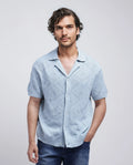 Rare Rabbit Men's Wats Dusky Blue Cotton Knitted Boxy Fit Half Sleeve Cuban Collar Shirt