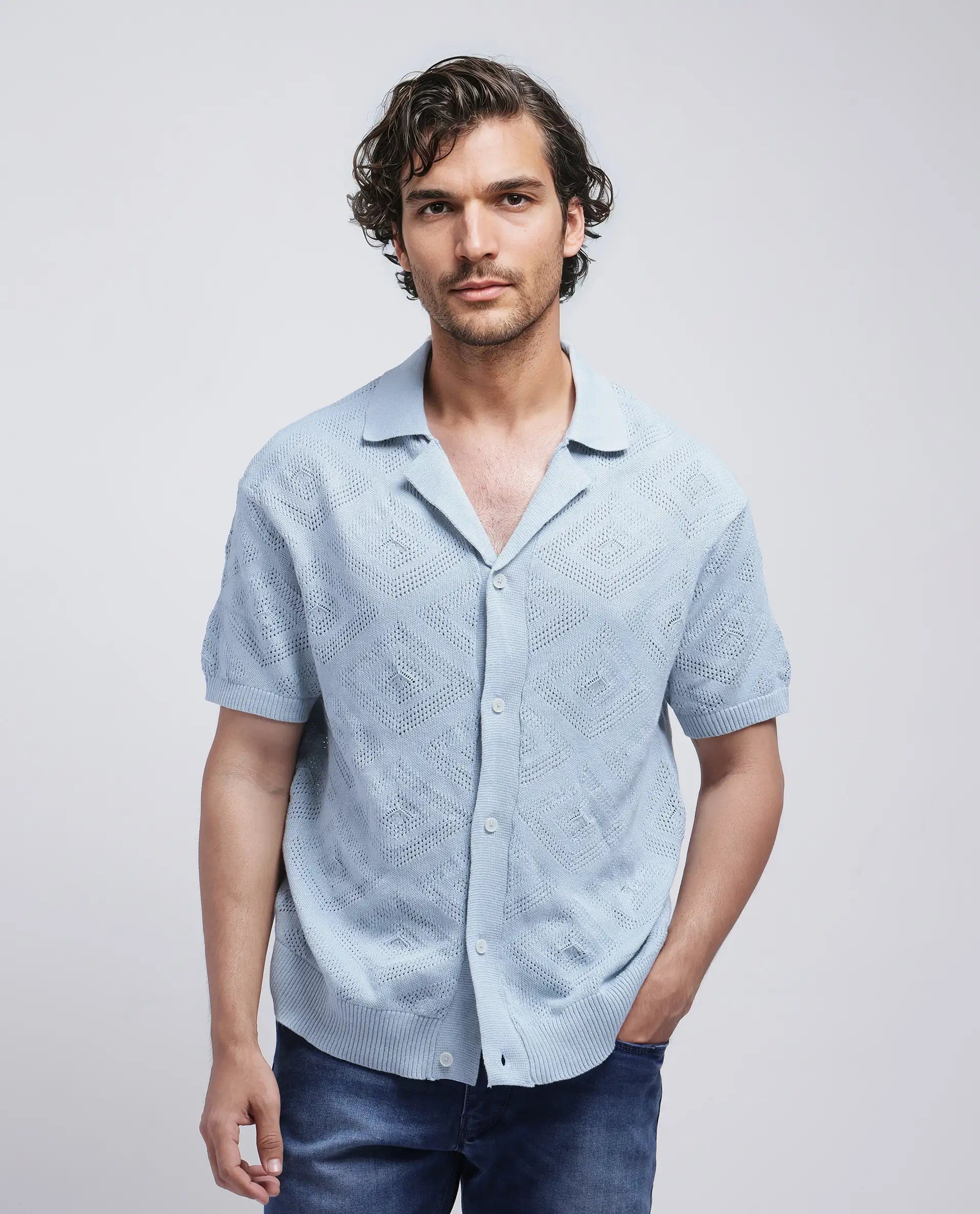 Rare Rabbit Men's Wats Dusky Blue Cotton Knitted Boxy Fit Half Sleeve Cuban Collar Shirt