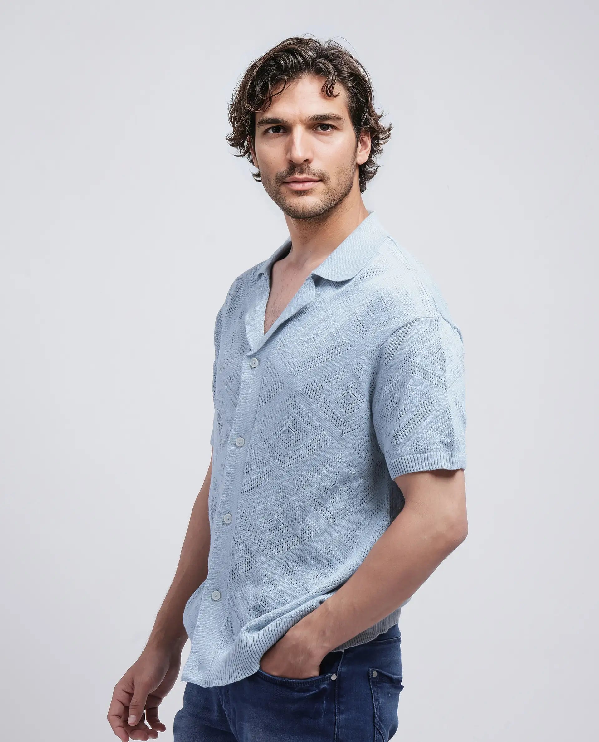 Rare Rabbit Men's Wats Dusky Blue Cotton Knitted Boxy Fit Half Sleeve Cuban Collar Shirt