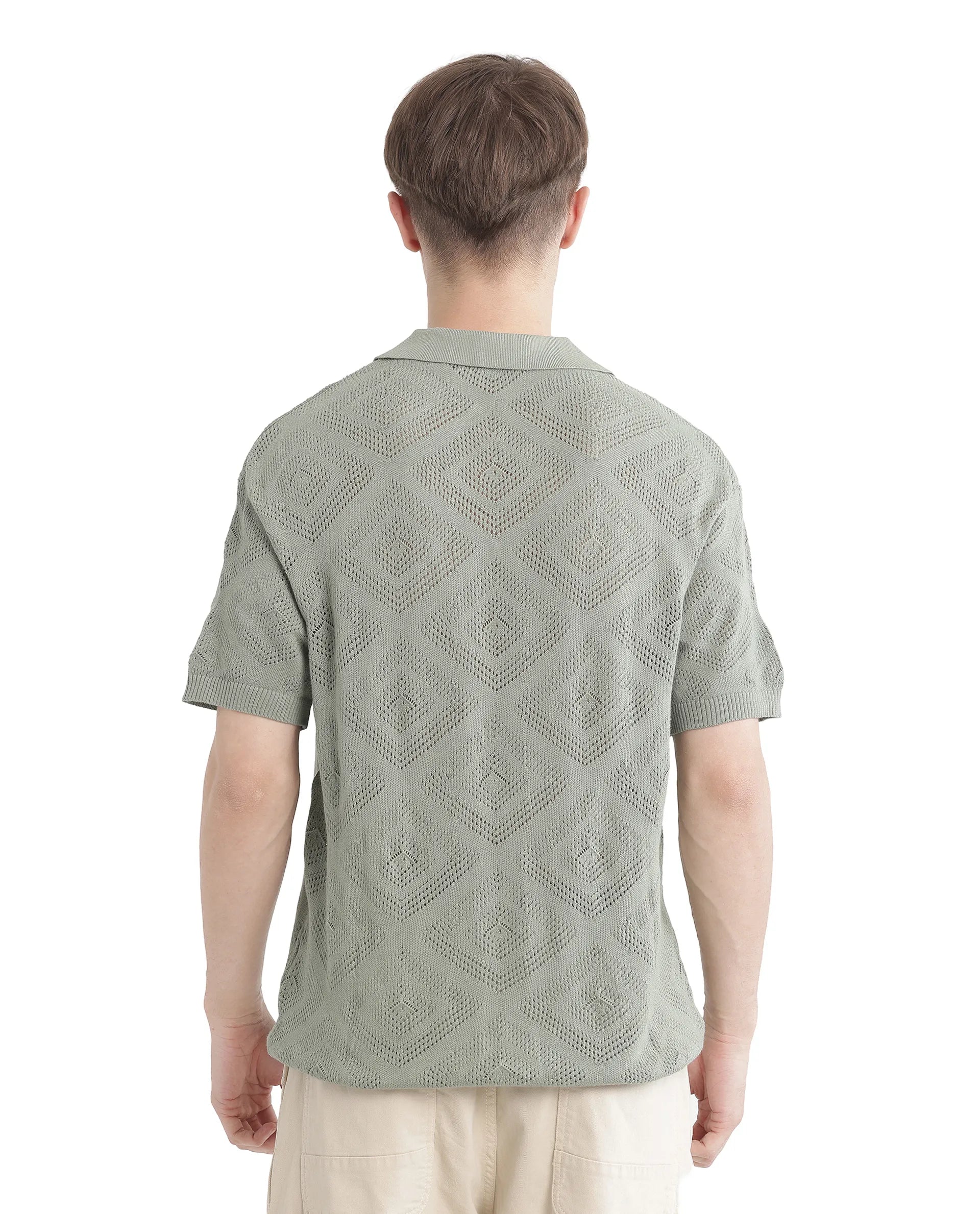 Rare Rabbit Men's Wats Dusky Green Cotton Textured Boxy Fit Half Sleeve Cuban Collar Shirt