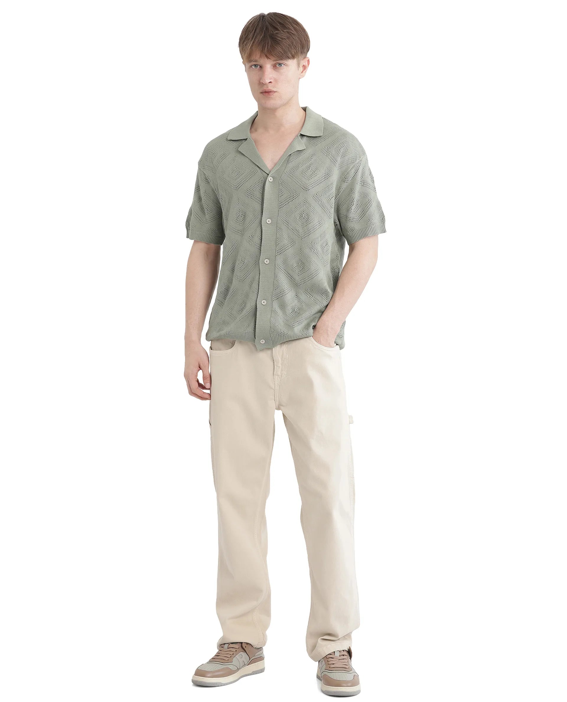 Rare Rabbit Men's Wats Dusky Green Cotton Textured Boxy Fit Half Sleeve Cuban Collar Shirt