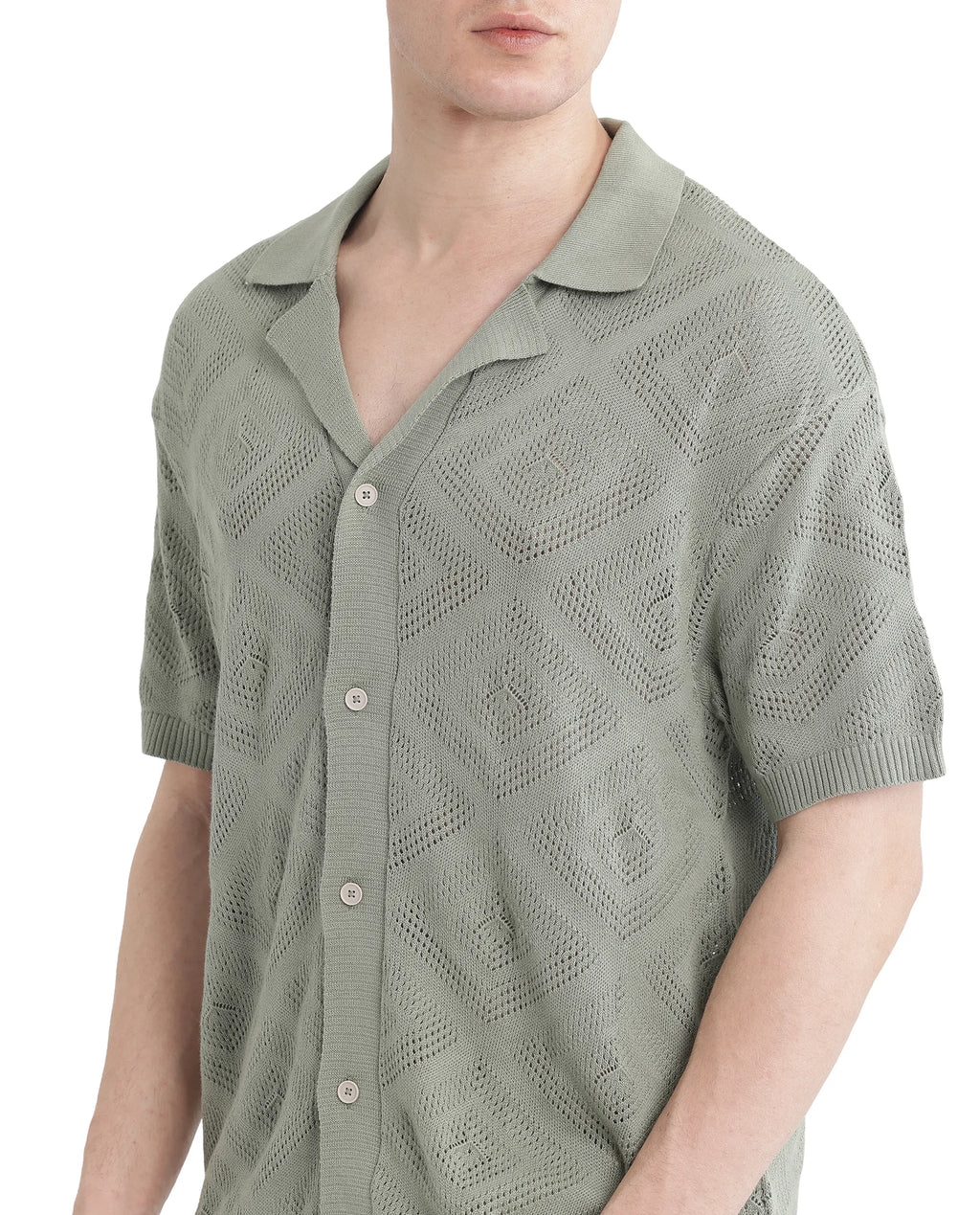 Rare Rabbit Men's Wats Dusky Green Cotton Textured Boxy Fit Half Sleeve Cuban Collar Shirt