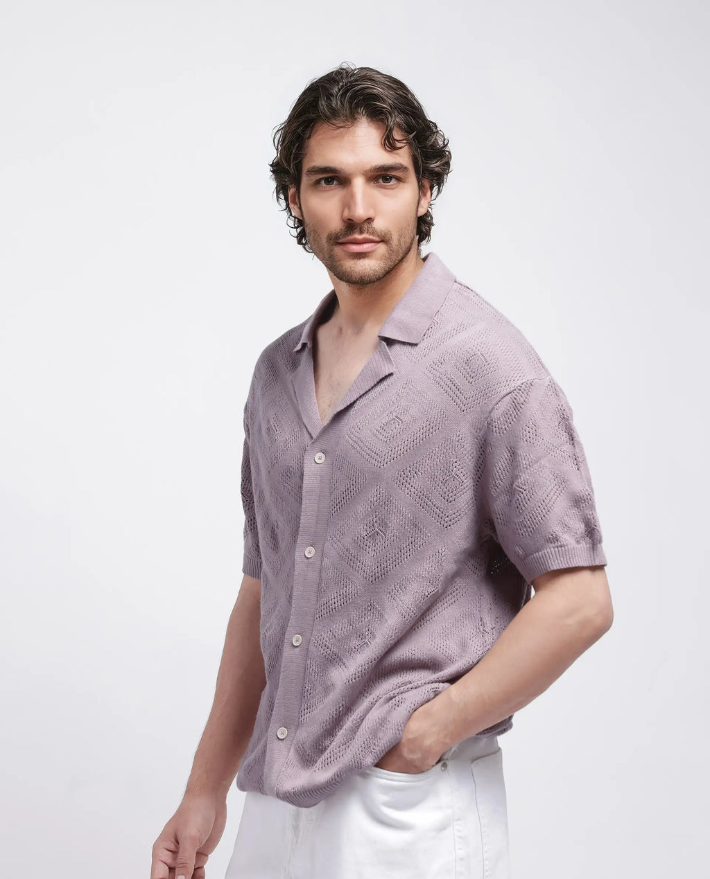 Rare Rabbit Men's Wats Dusky Pink Cotton Knitted Boxy Fit Half Sleeve Cuban Collar Shirt