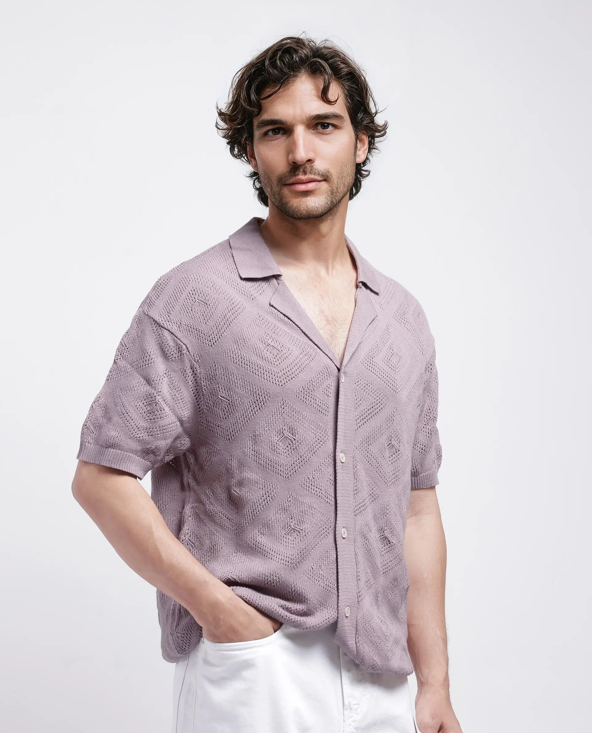 Rare Rabbit Men's Wats Dusky Pink Cotton Knitted Boxy Fit Half Sleeve Cuban Collar Shirt