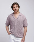 Rare Rabbit Men's Wats Dusky Pink Cotton Knitted Boxy Fit Half Sleeve Cuban Collar Shirt