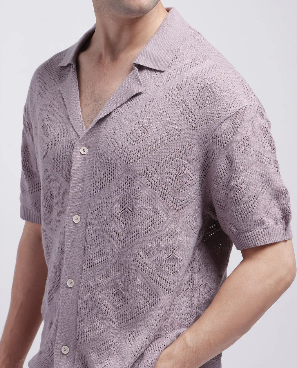 Rare Rabbit Men's Wats Dusky Pink Cotton Knitted Boxy Fit Half Sleeve Cuban Collar Shirt