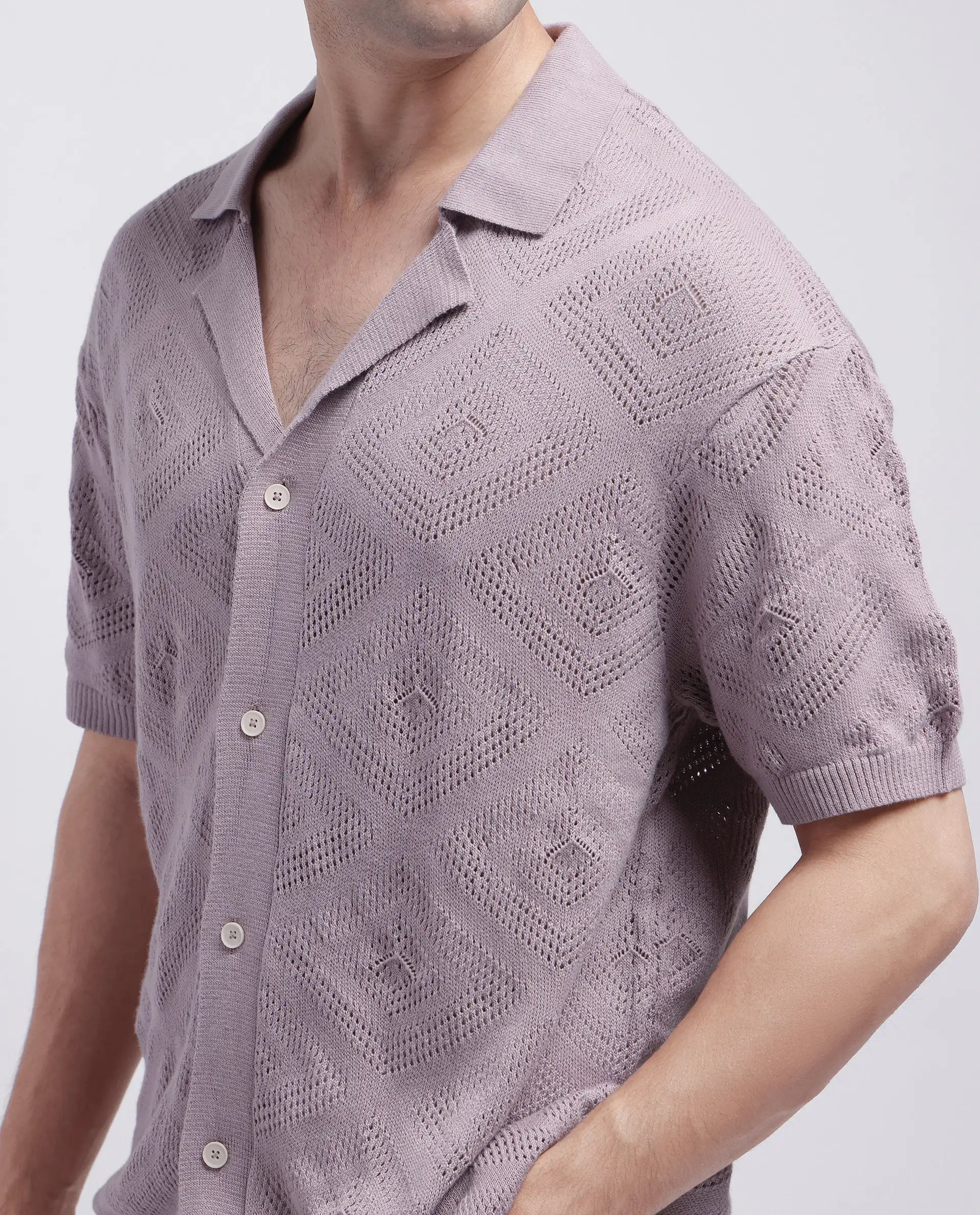 Rare Rabbit Men's Wats Dusky Pink Cotton Knitted Boxy Fit Half Sleeve Cuban Collar Shirt