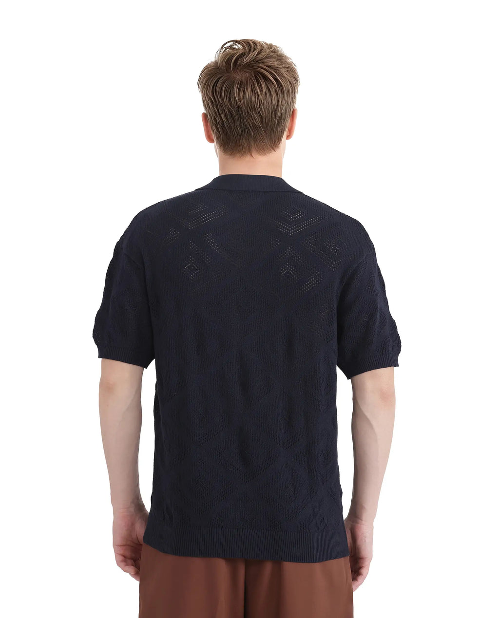 Rare Rabbit Men's Wats Navy Cotton Textured Boxy Fit Half Sleeve Cuban Collar Shirt