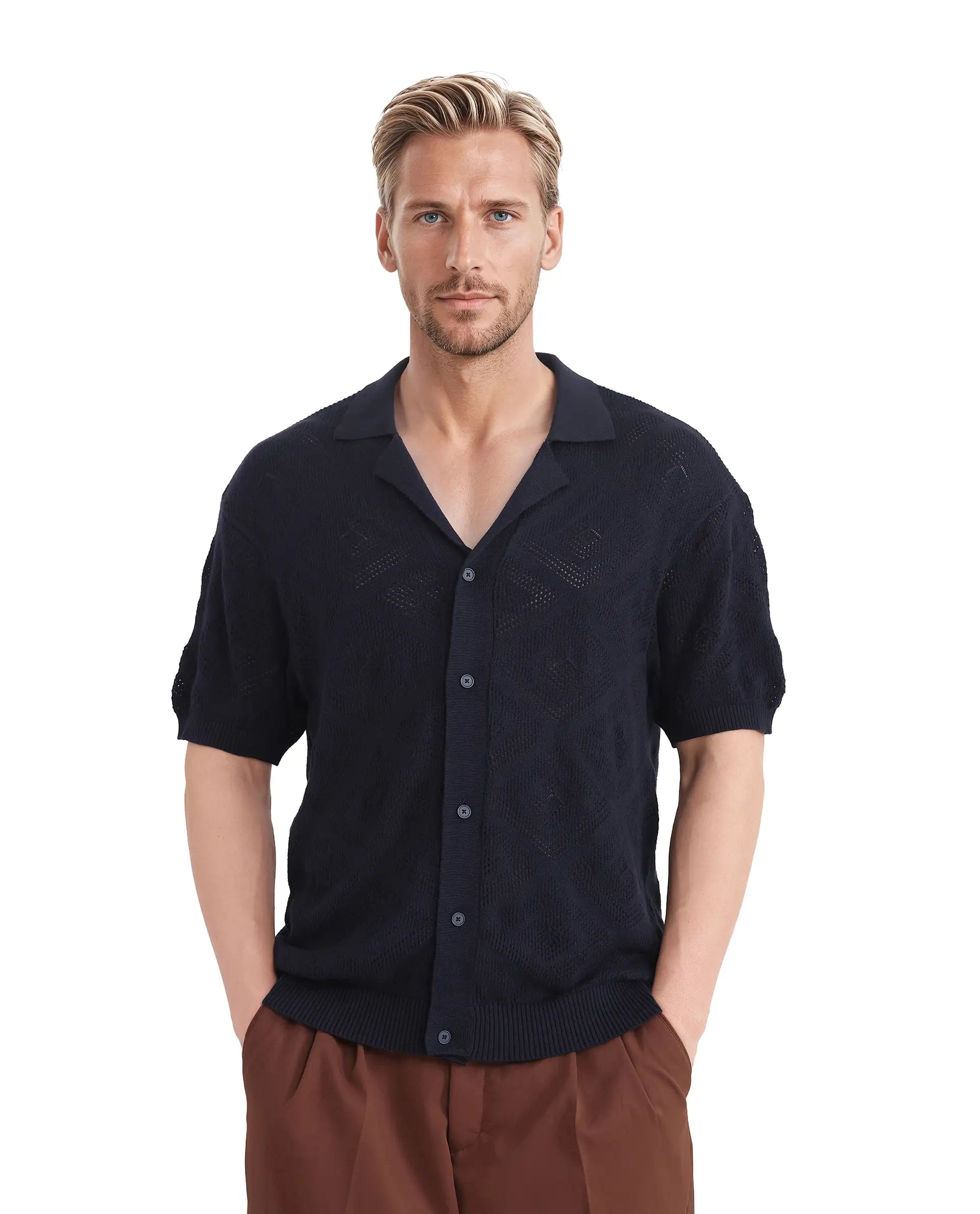 Rare Rabbit Men's Wats Navy Cotton Textured Boxy Fit Half Sleeve Cuban Collar Shirt