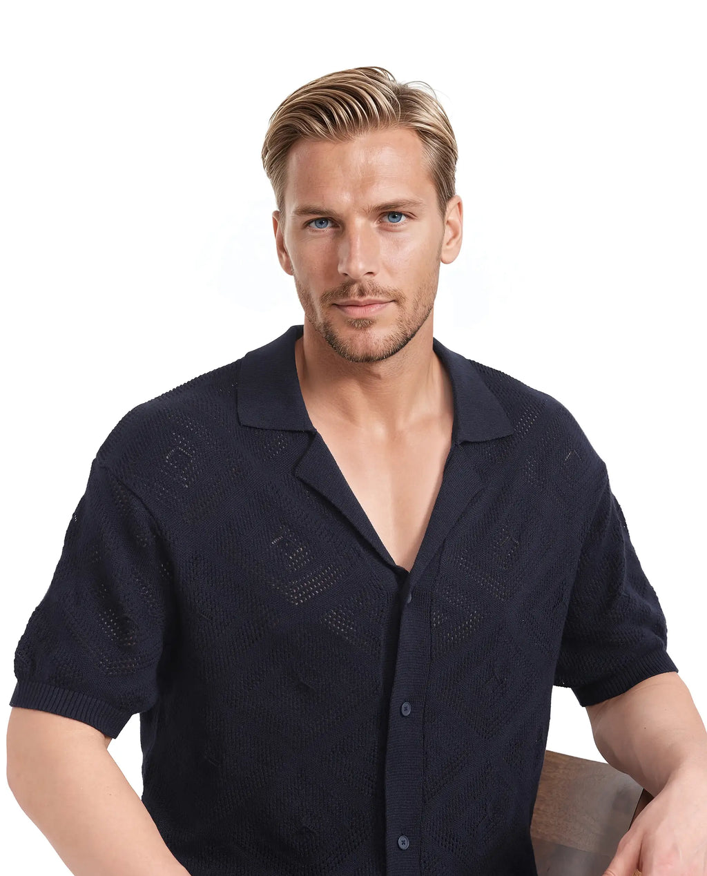 Rare Rabbit Men's Wats Navy Cotton Textured Boxy Fit Half Sleeve Cuban Collar Shirt