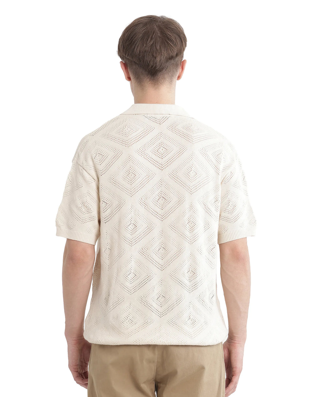Rare Rabbit Men's Wats White Cotton Textured Boxy Fit Half Sleeve Cuban Collar Shirt