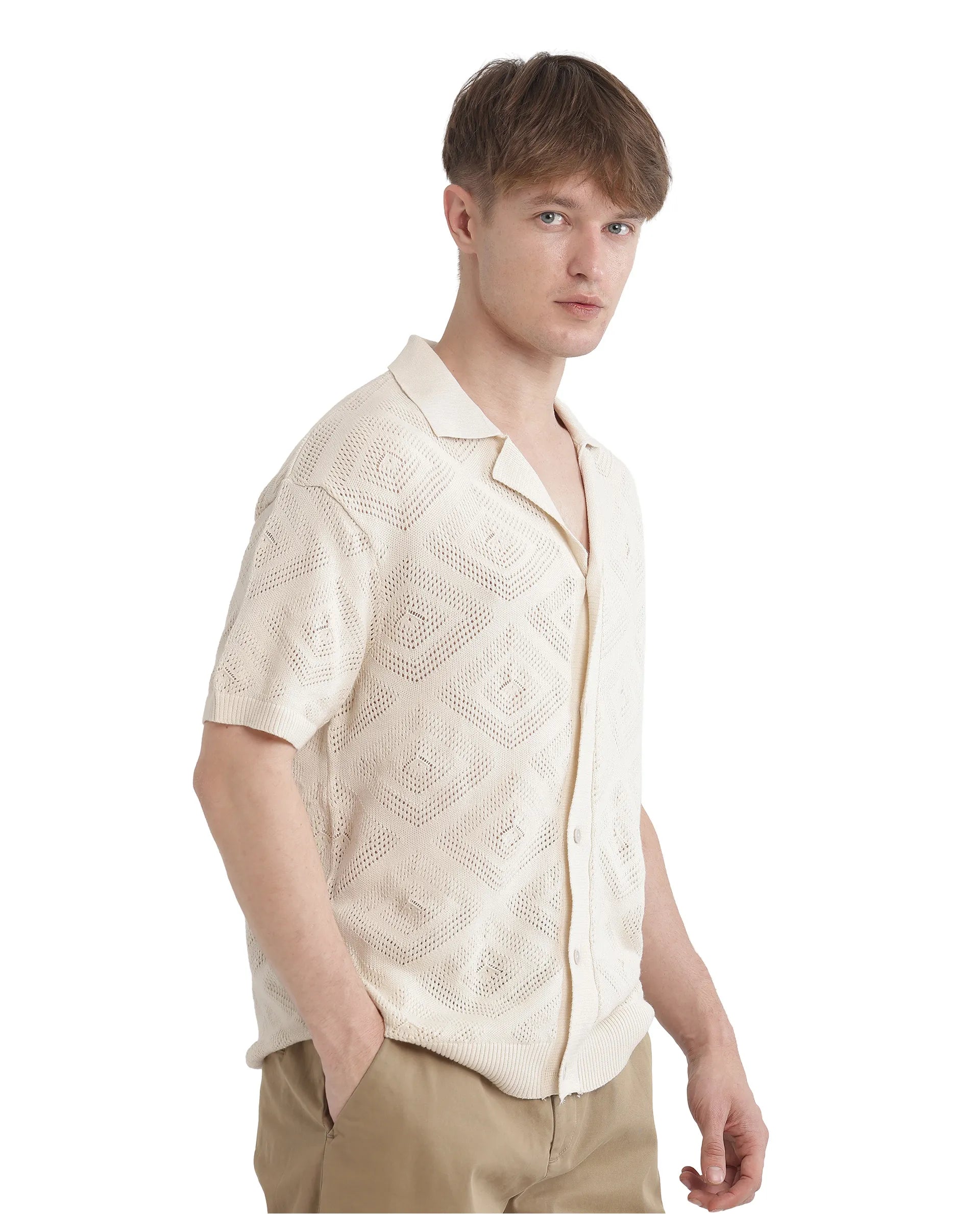 Rare Rabbit Men's Wats White Cotton Textured Boxy Fit Half Sleeve Cuban Collar Shirt