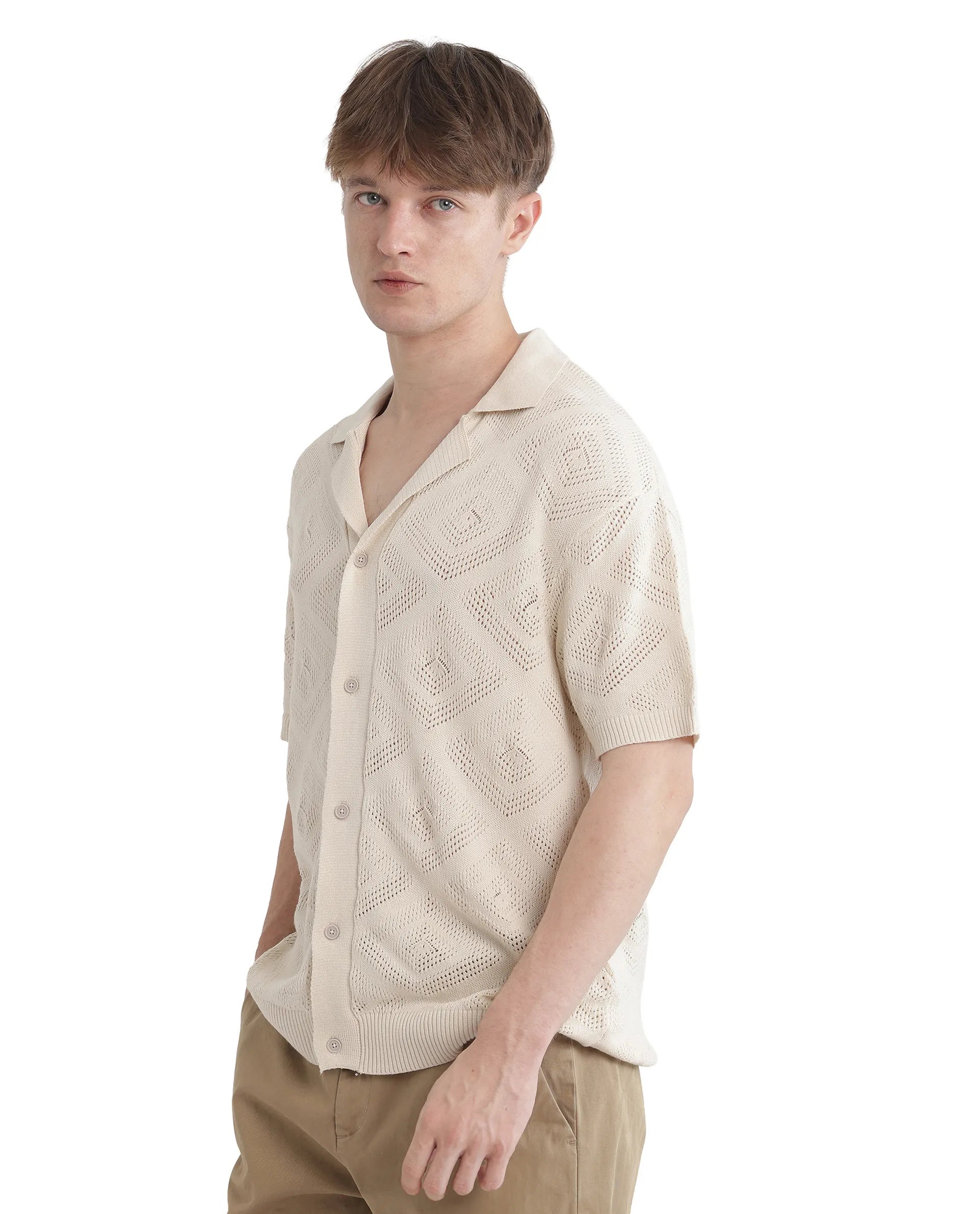 Rare Rabbit Men's Wats White Cotton Textured Boxy Fit Half Sleeve Cuban Collar Shirt